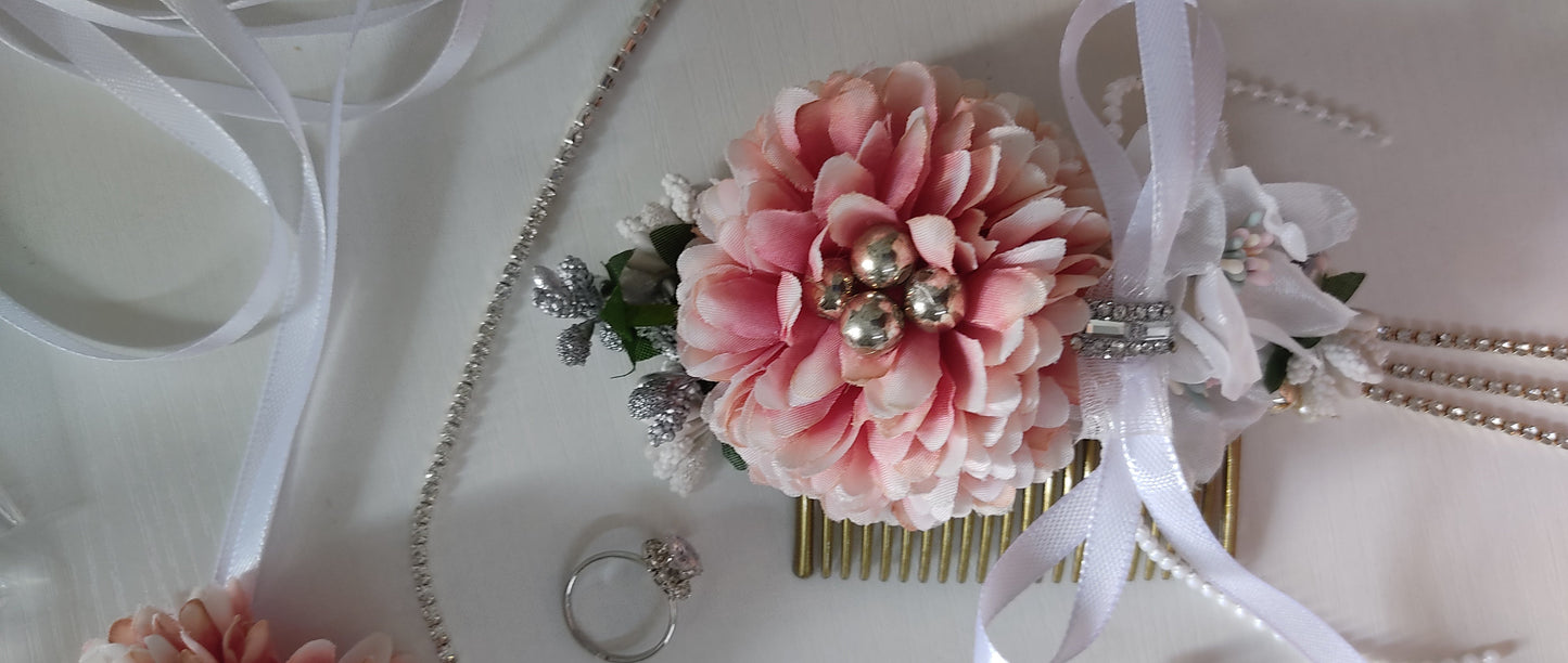 Elegant Floral Hair Comb with Pink Flower, Pearls & Ribbon - Personally Handcrafted