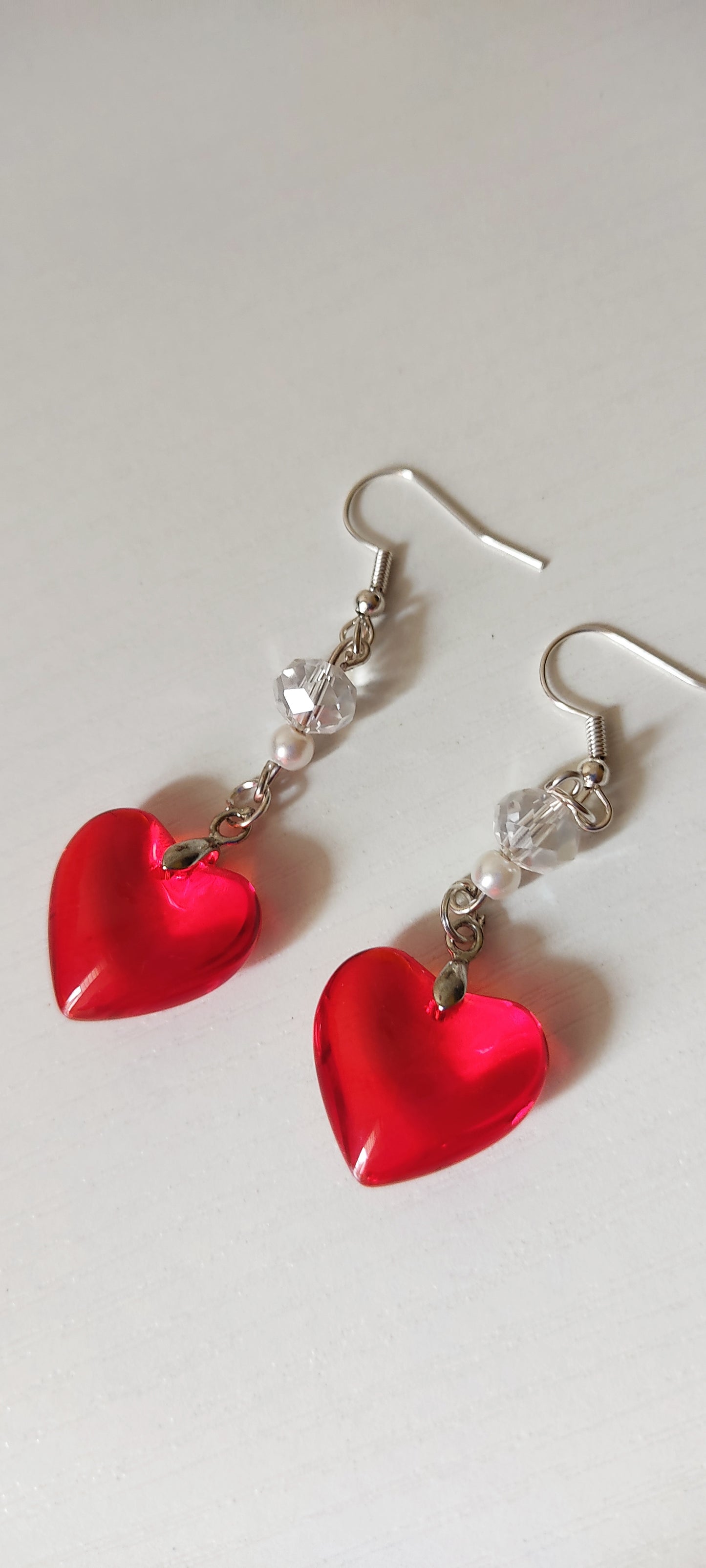 Red Heart Crystal & Bead Drop Earrings – Silver-Tone