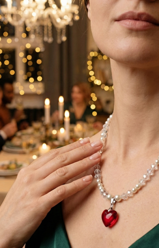 Elegant Pearl & Crystal Heart Necklace – Red Charm Pendant