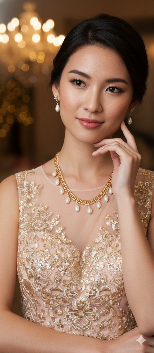 Woman wearing a gold necklace with a blurred background