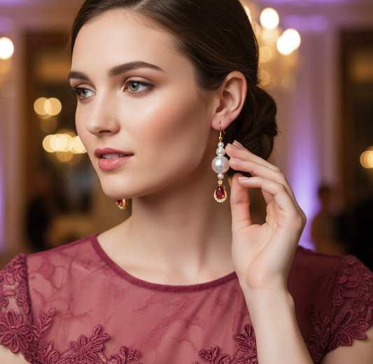 Ruby Red Teardrop Crystal & Pearl Long Drop Earrings – Gold-Tone