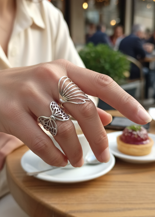 Wings of Grace Ring Set – Butterfly & Angel Wing Adjustable Silver-Tone