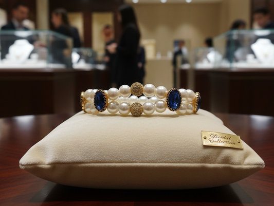 Pearl and blue gemstone bracelet on a cushion with a blurred jewelry store background