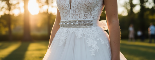 White lace wedding dress with a blurred background of greenery and sunlight.