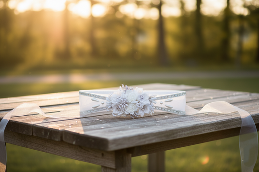 White Floral Crystal Bridal Sash with Flowers & Rhinestones– Personally Handcrafted !!