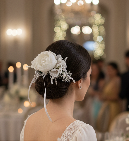 Woman in a white dress with a floral hairpiece sitting at a formal event.