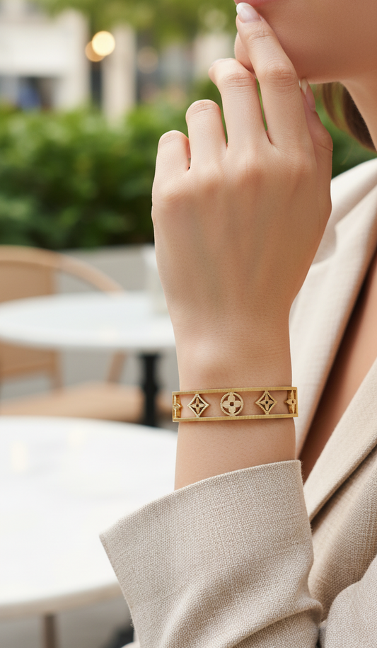 Signature Motif Gold-Plated Designer Bangle Bracelet