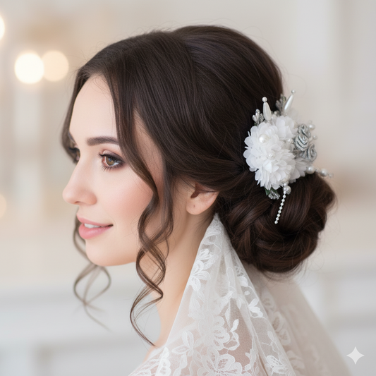 Elegant White Floral Bridal Hair Accessory Set with Pearls & Silver Accents - Wedding Hair Ornament Collection