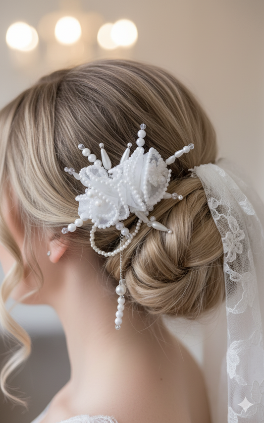 Majestic Pearl & Lace Bridal Hairpiece with Cascading Bead Tassel - Personally Handcrafted