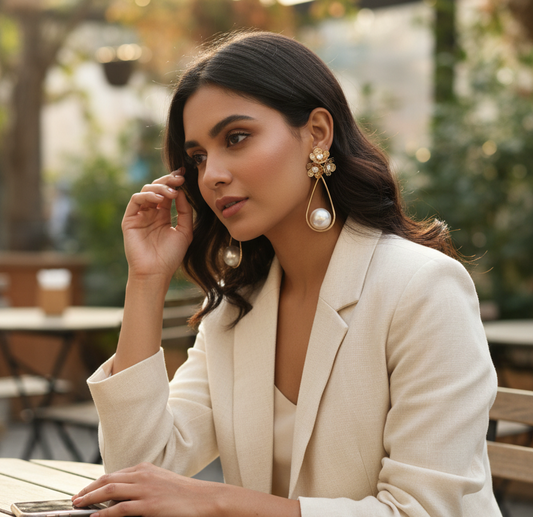 Woman in a beige suit sitting at an outdoor table with a blurred background