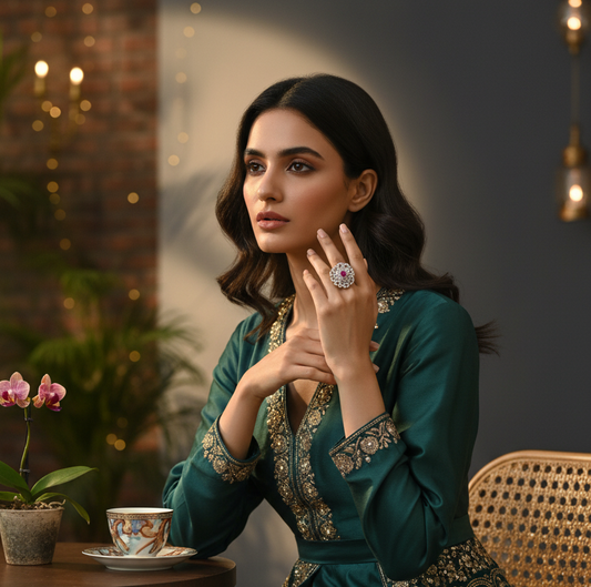 Woman in a green embroidered outfit sitting at a table with a cup and saucer.