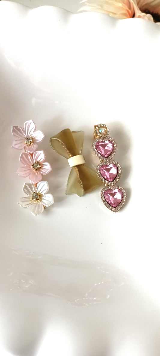 Pastel Blossom, Bow & Pink Heart Gem Hair Clip Set – Romantic Elegance