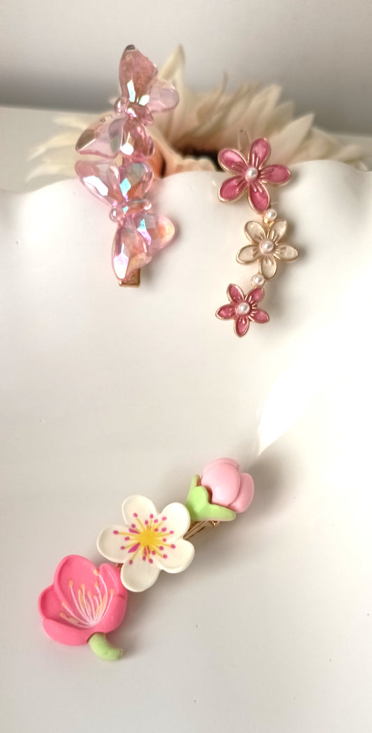 Charming Sakura Blossom Pastel Hair Clip – Pink, White & Green