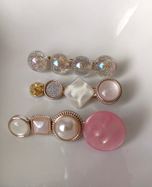 Glitter Bead & Modern Mixed Gem Hair Clip Set – Pink, Pearl & Metallic Sparkle
