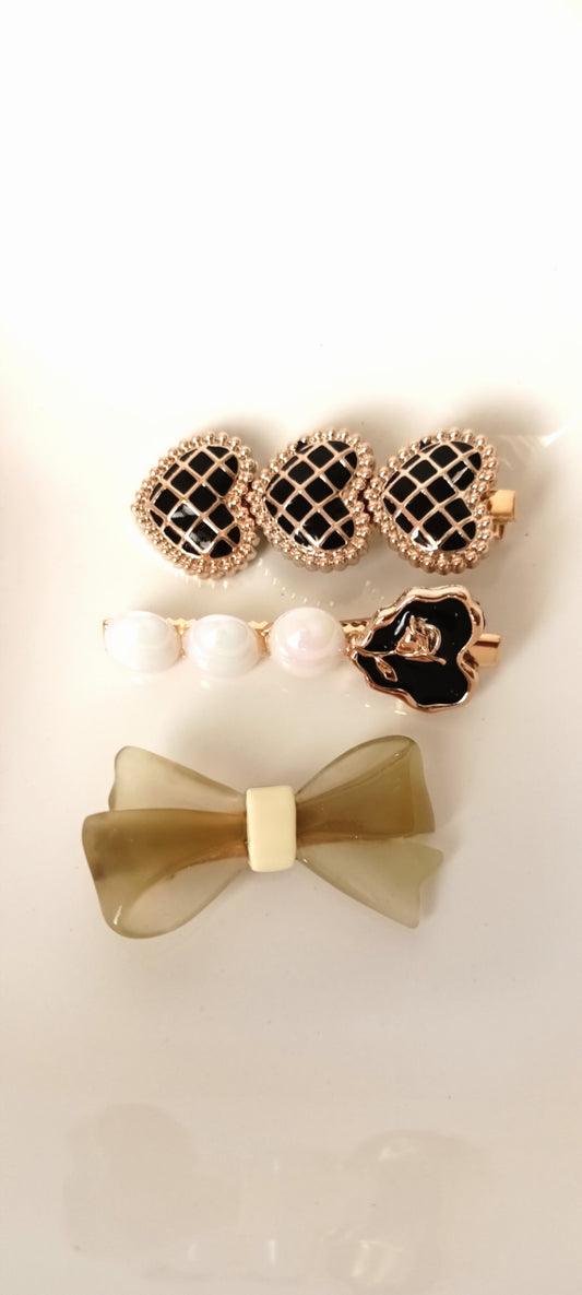 Chocolate Bow, Black Grid Heart & Pearl Rose Hair Clip Set – Modern Luxe