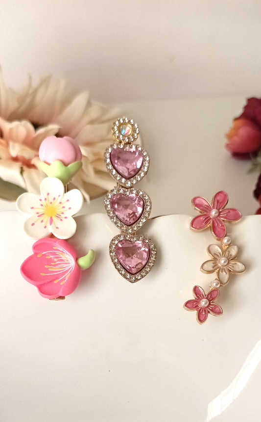 Cherry Blossom & Pink Gem Heart Hair Clip Set – Romantic Garden