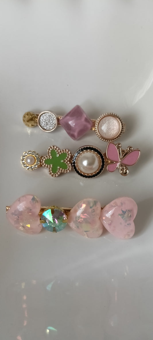 Pink Butterfly, Gem Heart & Lucky Clover Hair Clip Set – Whimsical Pastel