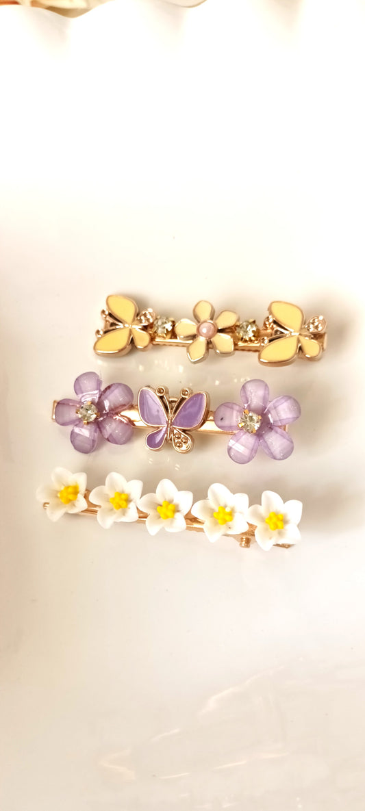 Spring Daisy, Lavender Butterfly & Lemon Blossom Hair Clip Set – Pastel Nature