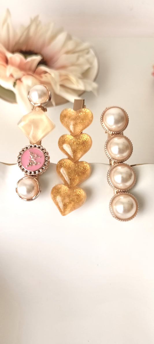 Golden Glitter Heart & Pearl Enamel Hair Clip Set – Butterfly Blush Edition