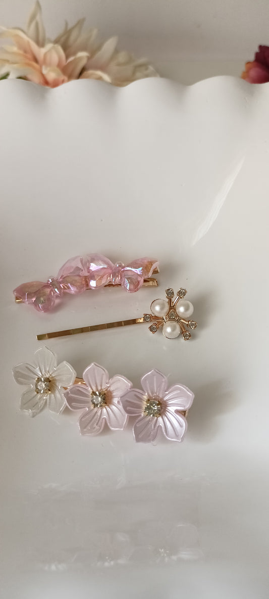 Crystal Butterfly & Blossom Pearl Hair Clip Set – Iridescent Pastel Elegance