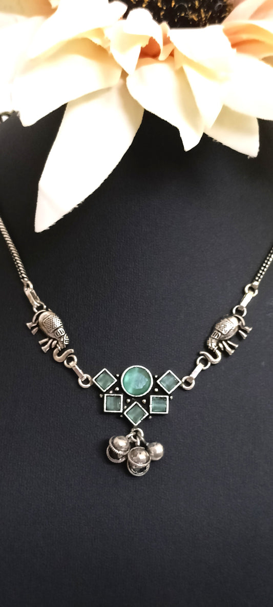 Oxidised Silver Elephant & Green Stone Necklace – Contemporary Ethnic Design