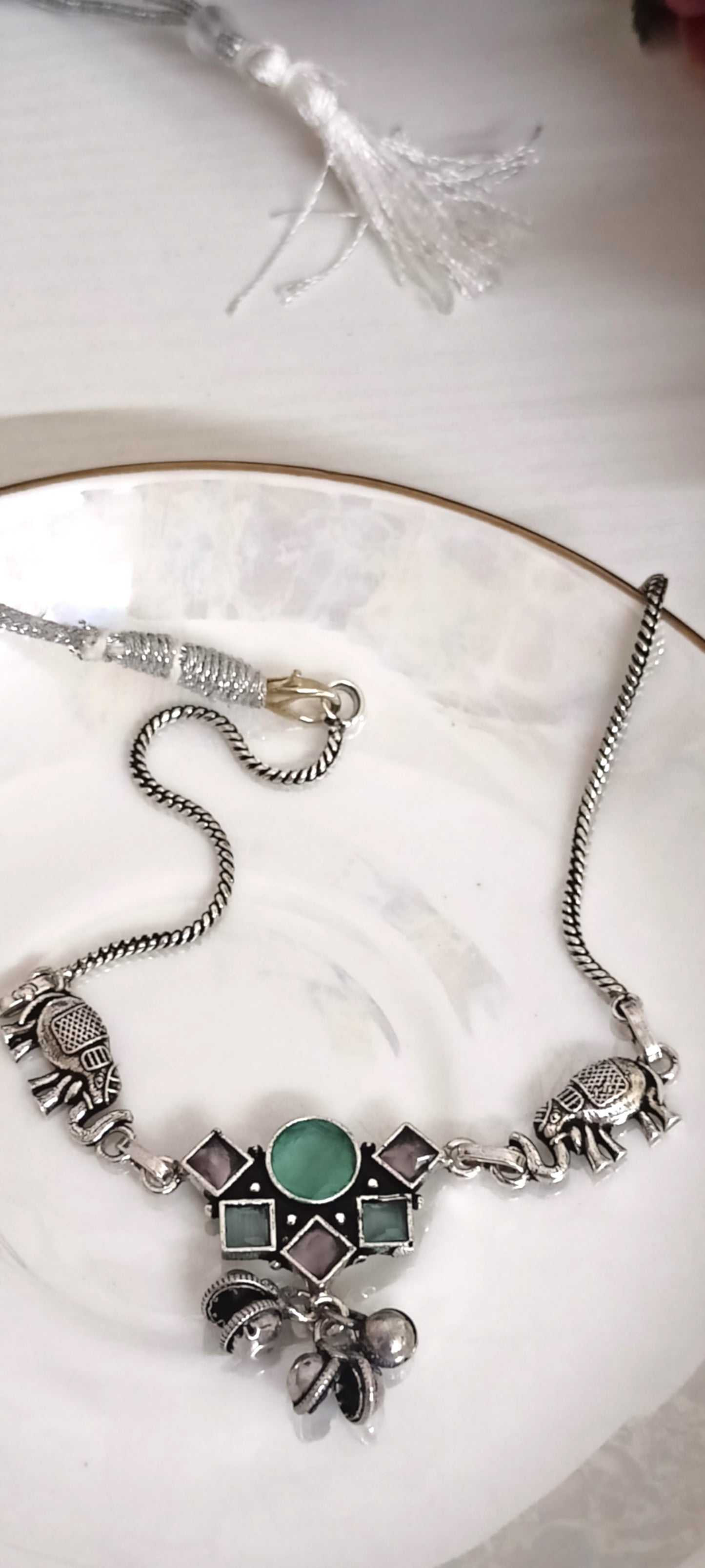 Oxidised Silver Elephant & Green Stone Necklace – Contemporary Ethnic Design