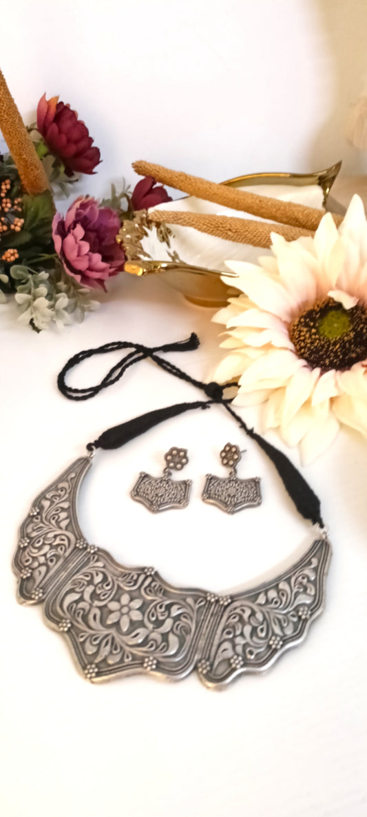 Oxidised Silver Statement Choker Necklace Set – Geometric Floral Panel Design