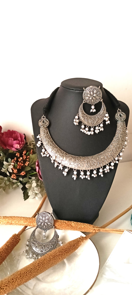 Oxidised Silver Floral Crescent Necklace Set with White Beads