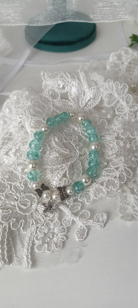 Aqua Cracked Glass & Pearl Butterfly Charm Bracelet - Personally Handcrafted