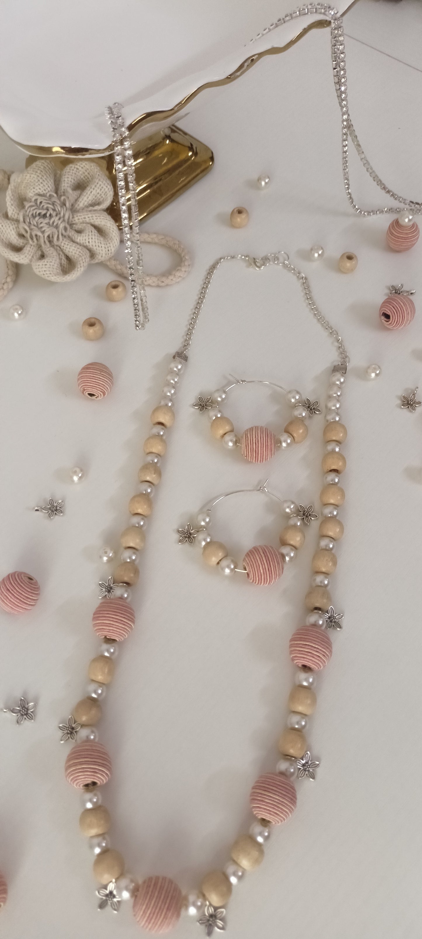 Handcrafted Pastel Pink & Beige Wood & Thread Beads Jewellery Set - Personally Handcrafted