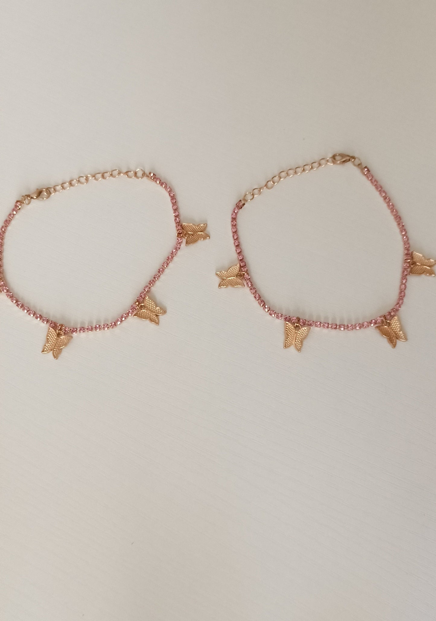 Pink Stones And Gold Butterfly Anklets – Elegant Gold Charm Pair