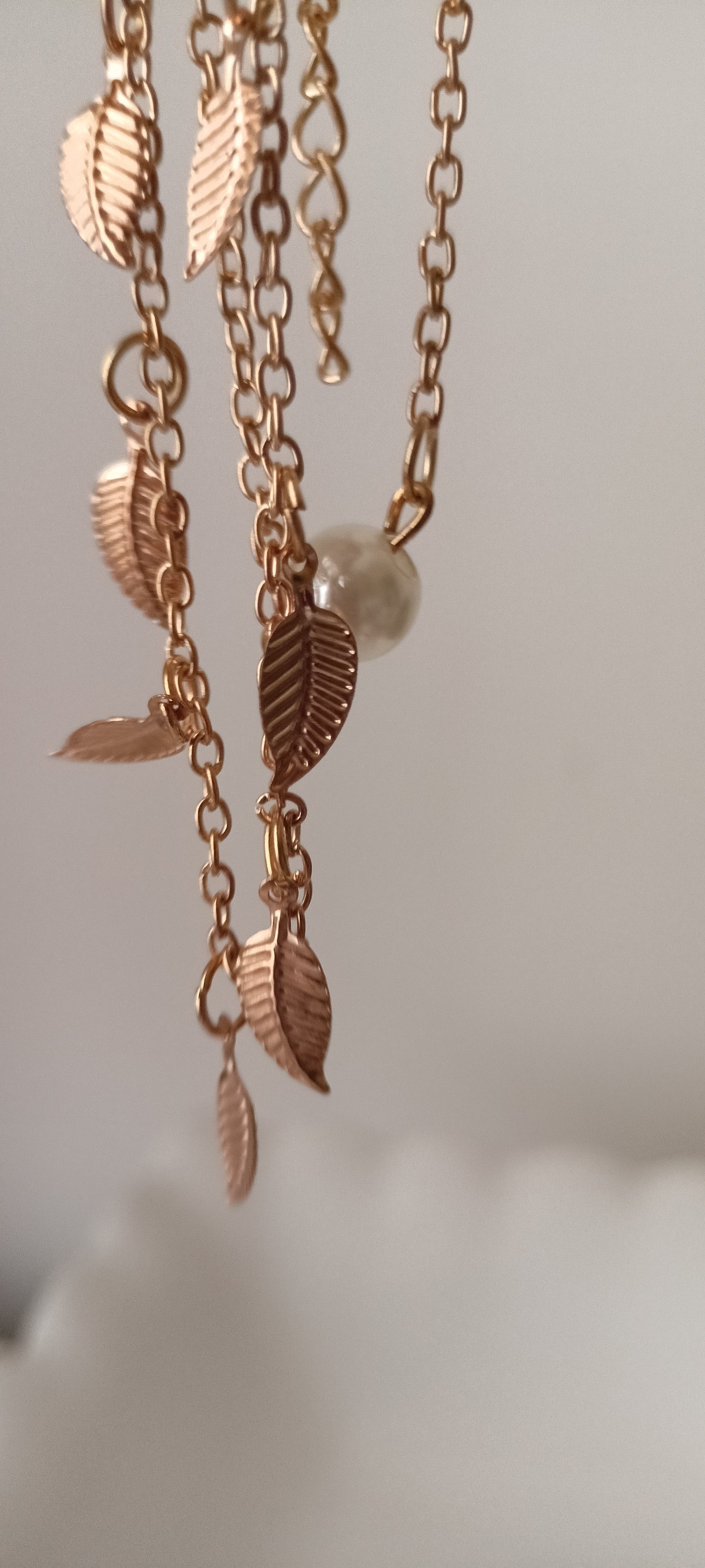 Reddish Gold Leaf Charm Anklet Pair with Pearl Accent – Double Chain Design