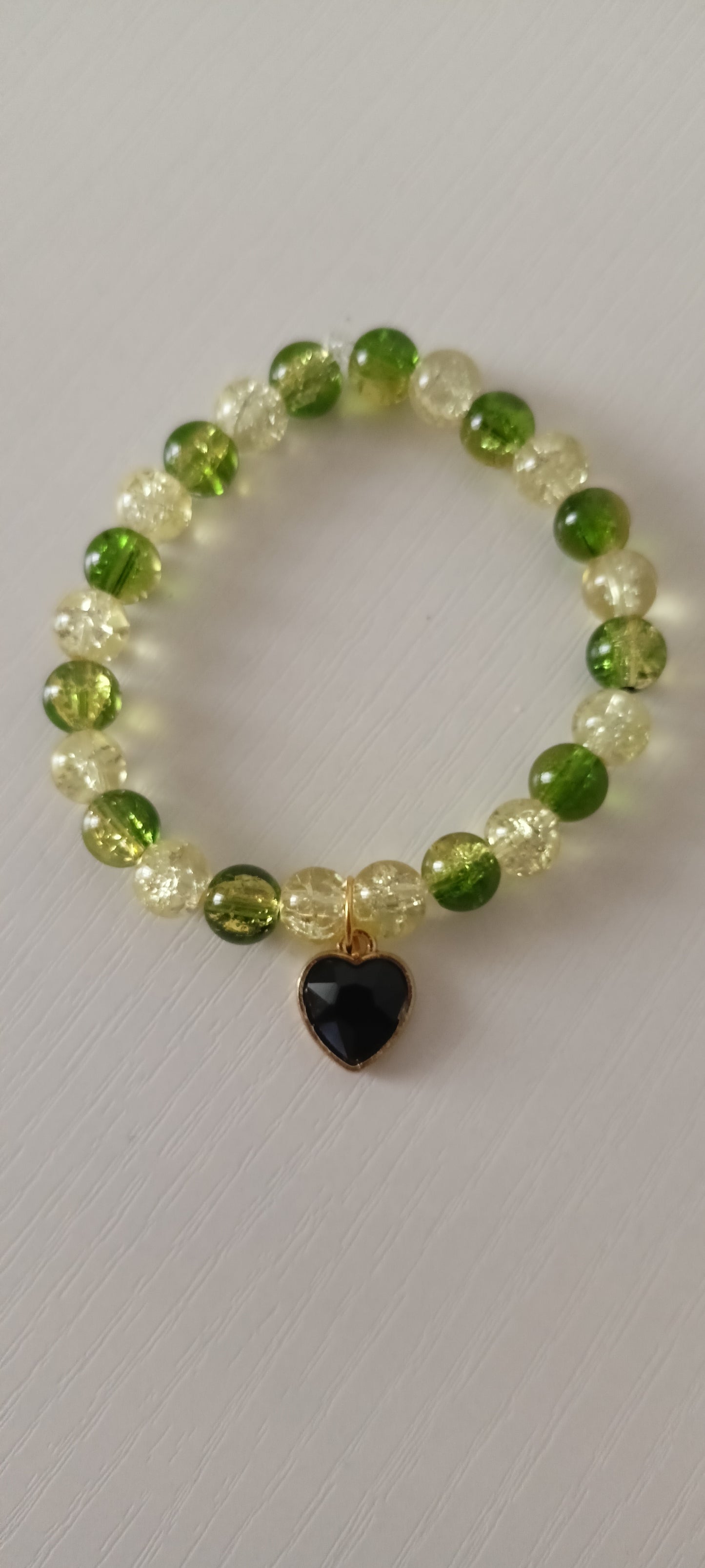 Green & Golden Crackle Bead Heart Charm Bracelet - Personally Handcrafted