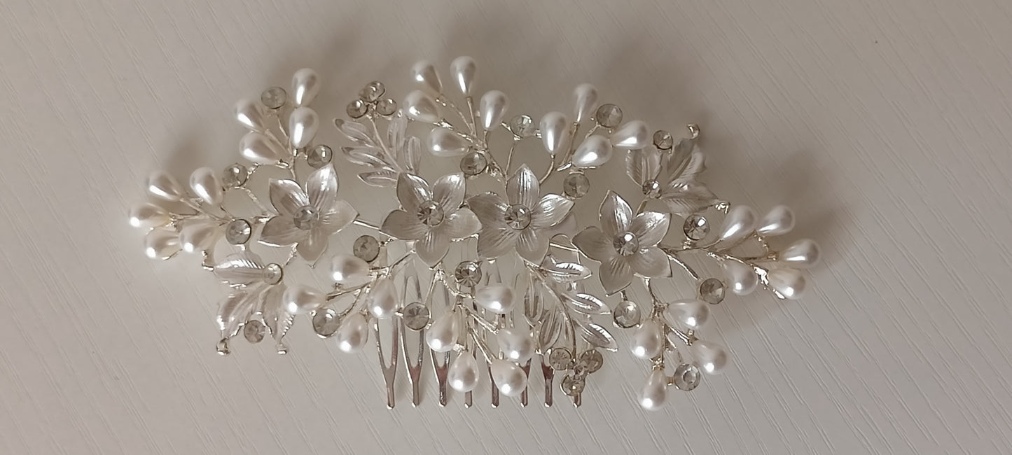 Large Silver Floral Bridal Hair accessory with Pearl & Crystal Cascades - Bridal Statement Piece