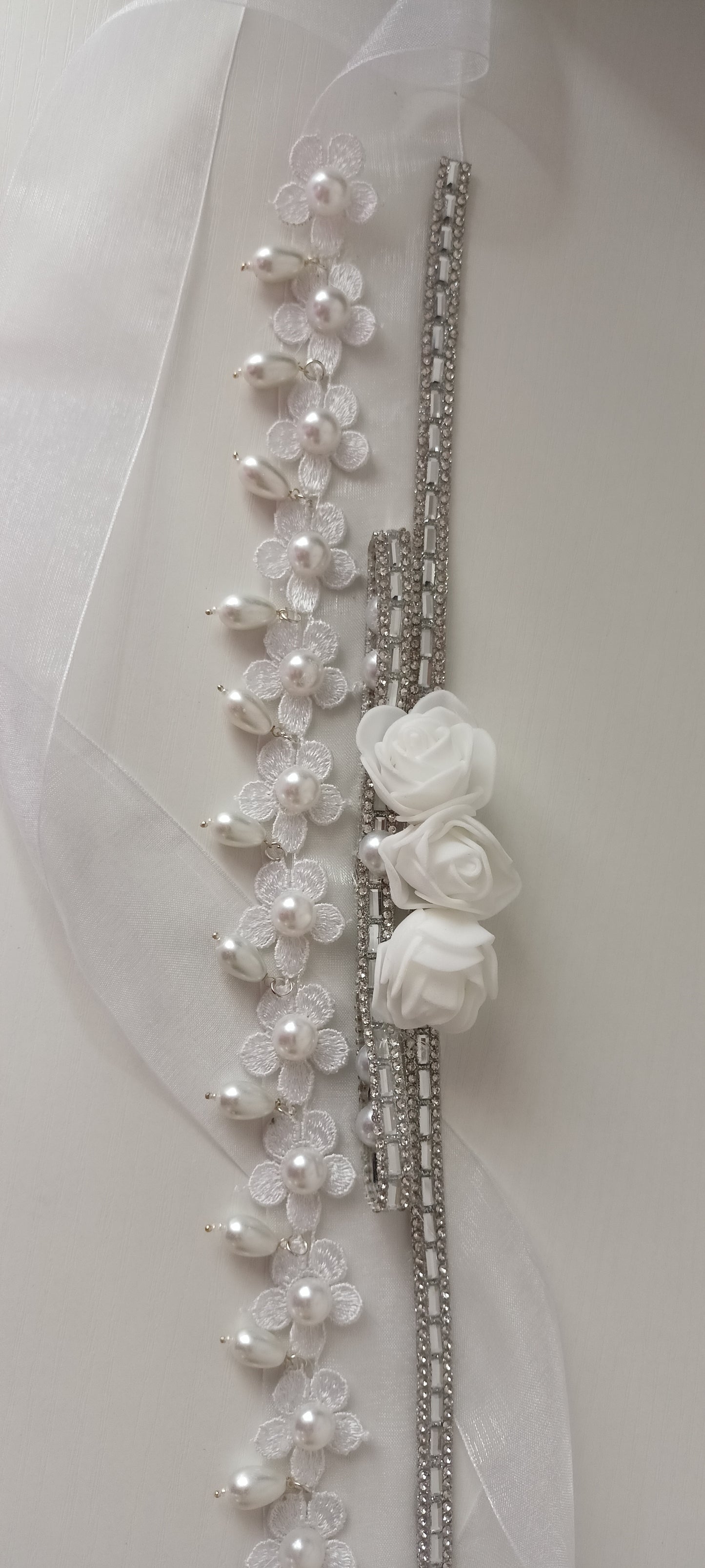 White Lace Pearl & Crystal Beaded Flower Bridal Sash – Personally Handcrafted !!