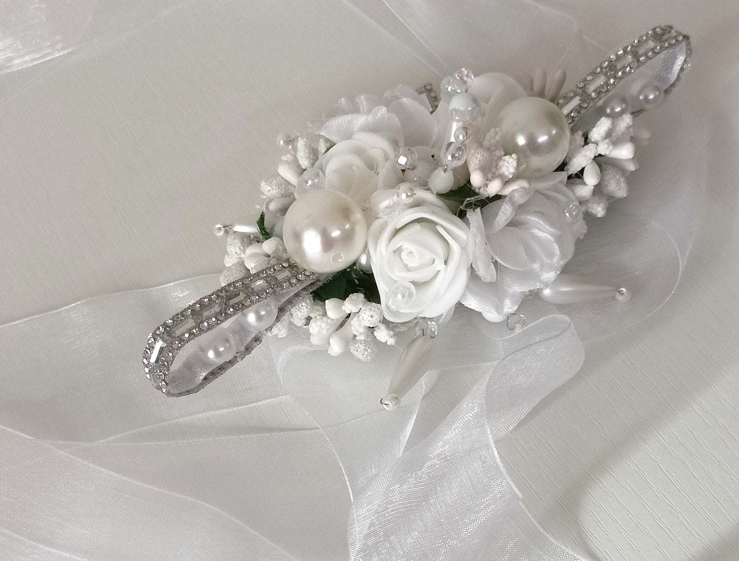 Elegant White Floral Pearl & Crystal Bridal Sash – Personally Handcrafted !!
