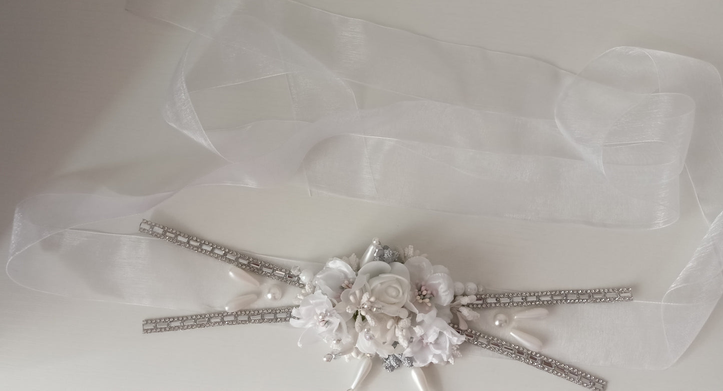 White Floral Crystal Bridal Sash with Flowers & Rhinestones– Personally Handcrafted !!