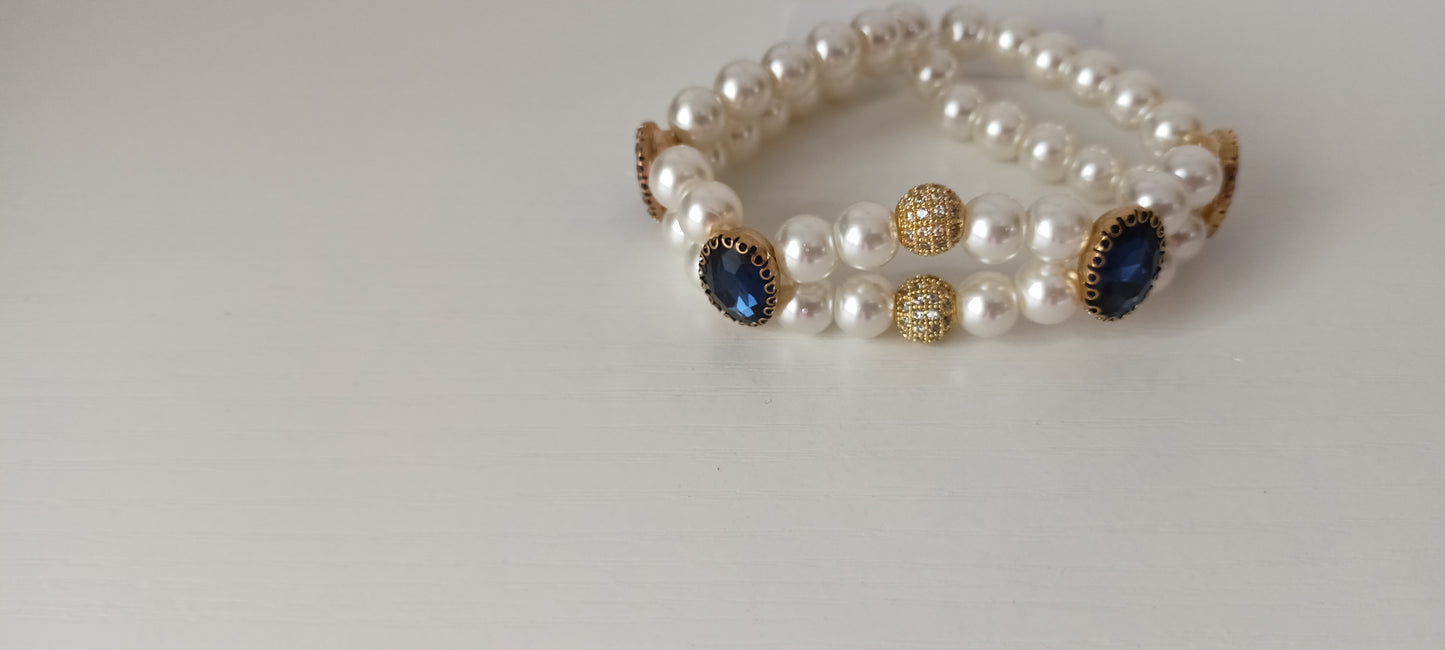 Elegant Bridal Pearl Bracelet with Blue Stones & Gold Accents