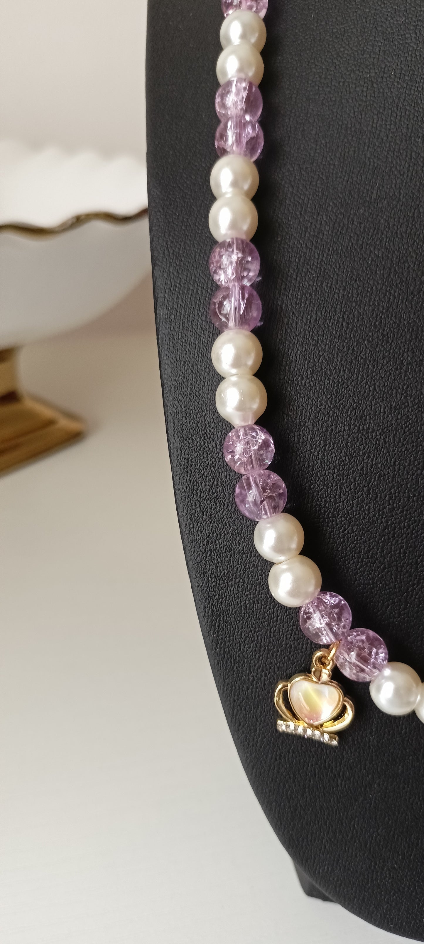 Lilac Crystal Bead & Pearl Necklace with Gold Princess Heart Charms