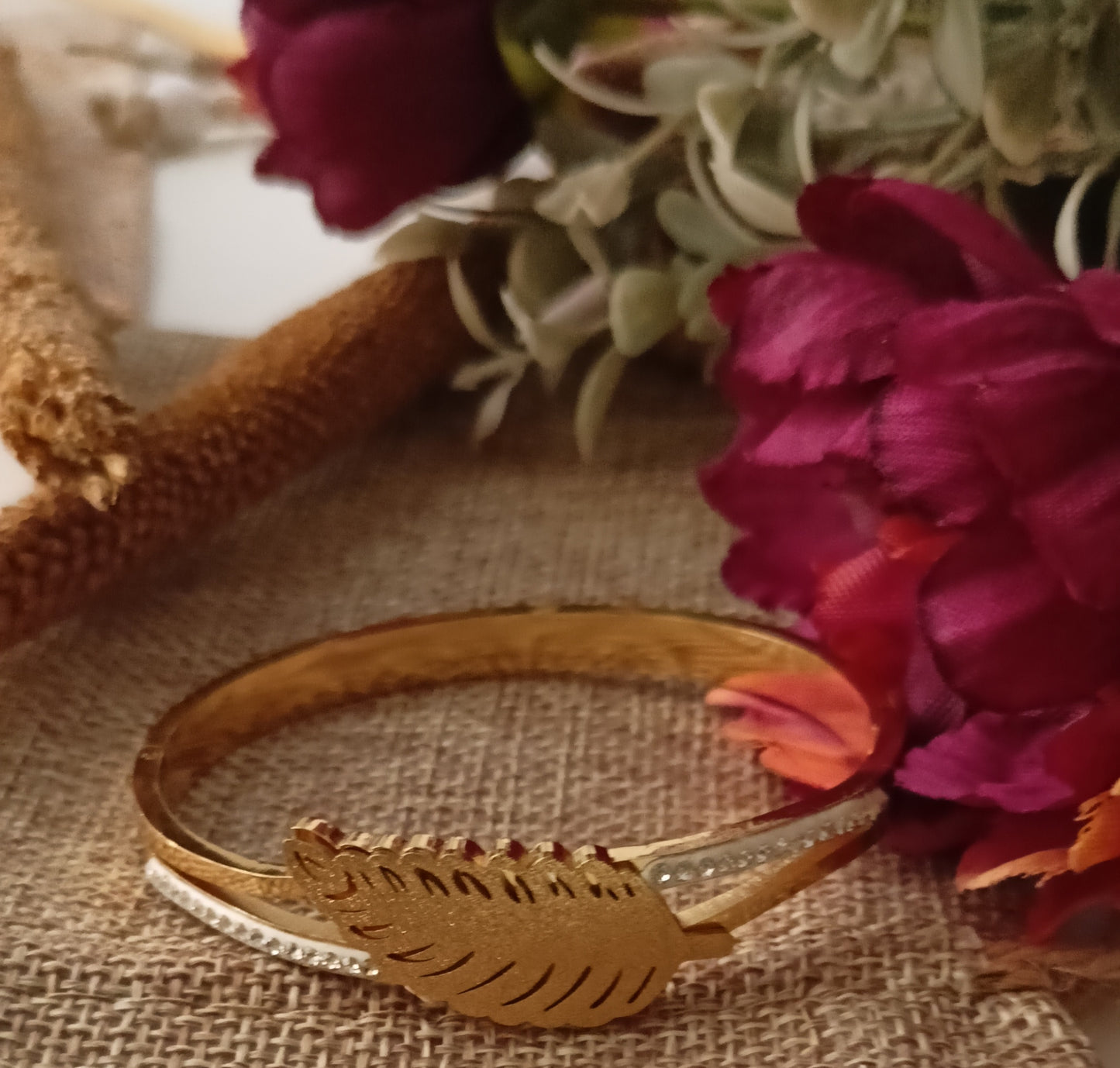 Leaf Motif Gold-Plated Bangle Bracelet with Crystal Detailing