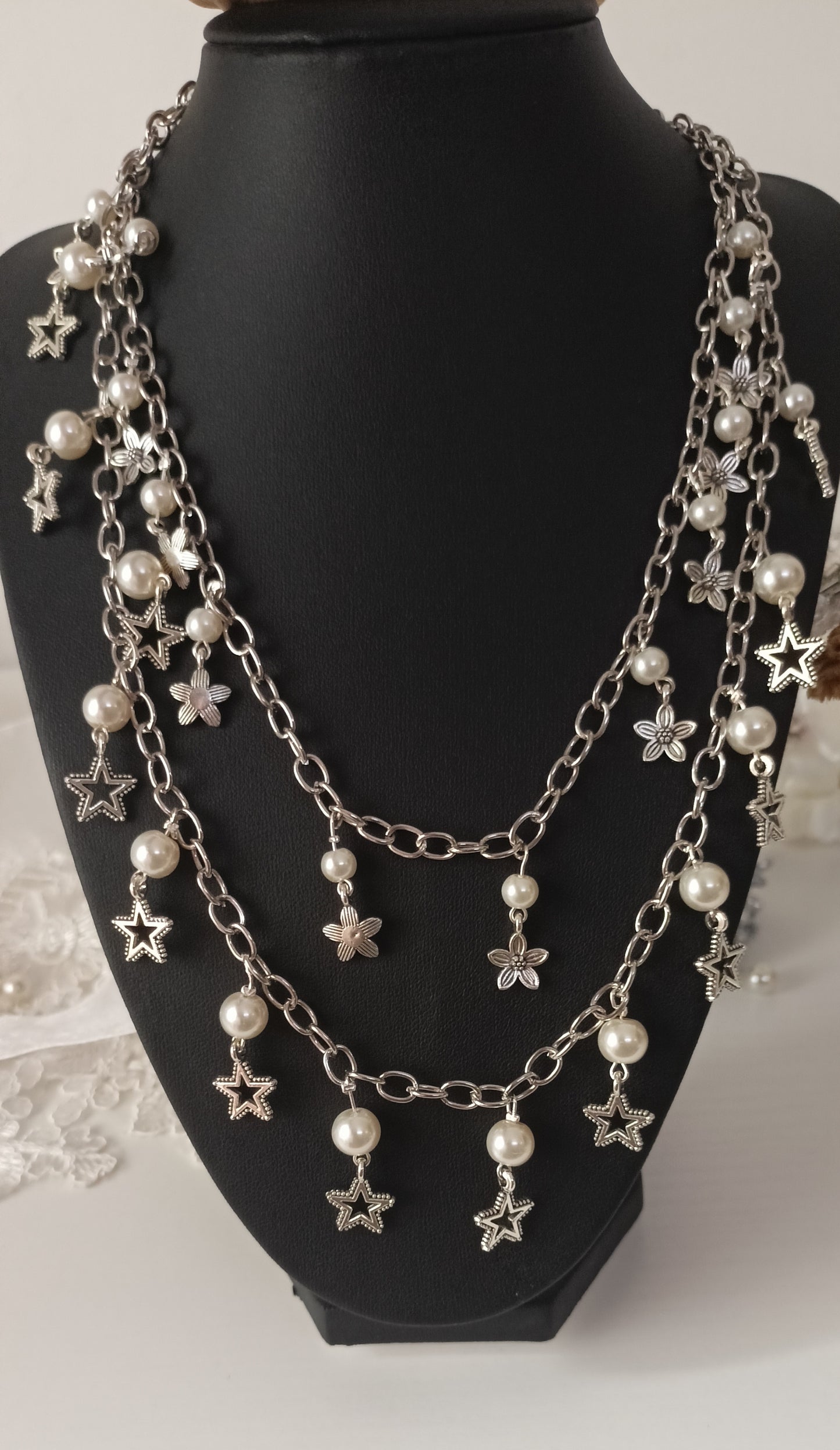 Double-Layer Silver Chain Necklace with Star-Flower Charms - Personally Handcrafted