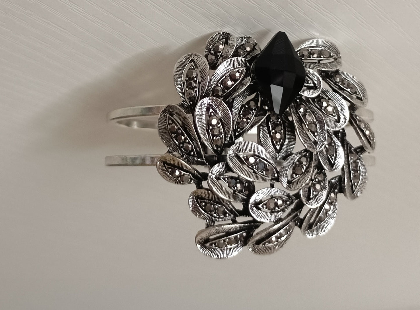 Vintage Black Stone Peacock Feather Oxidized Cuff Bracelet