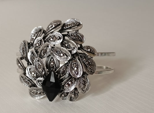 Vintage Black Stone Peacock Feather Oxidized Cuff Bracelet