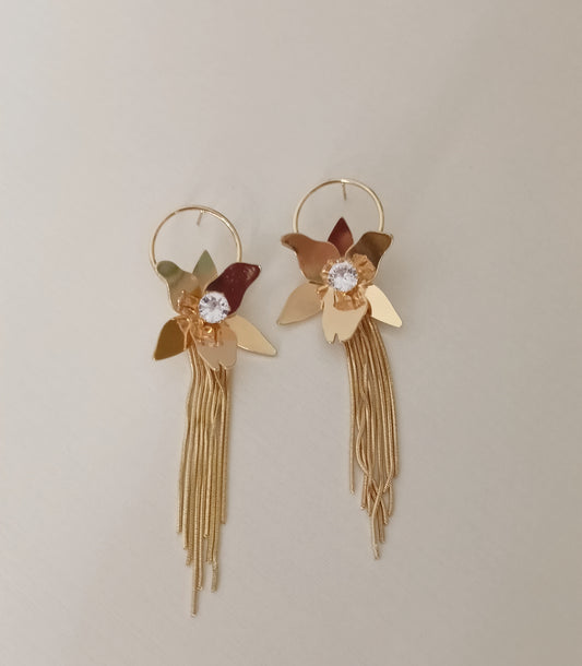 Golden Flower Fringe Hoop Earrings with Crystal Center
