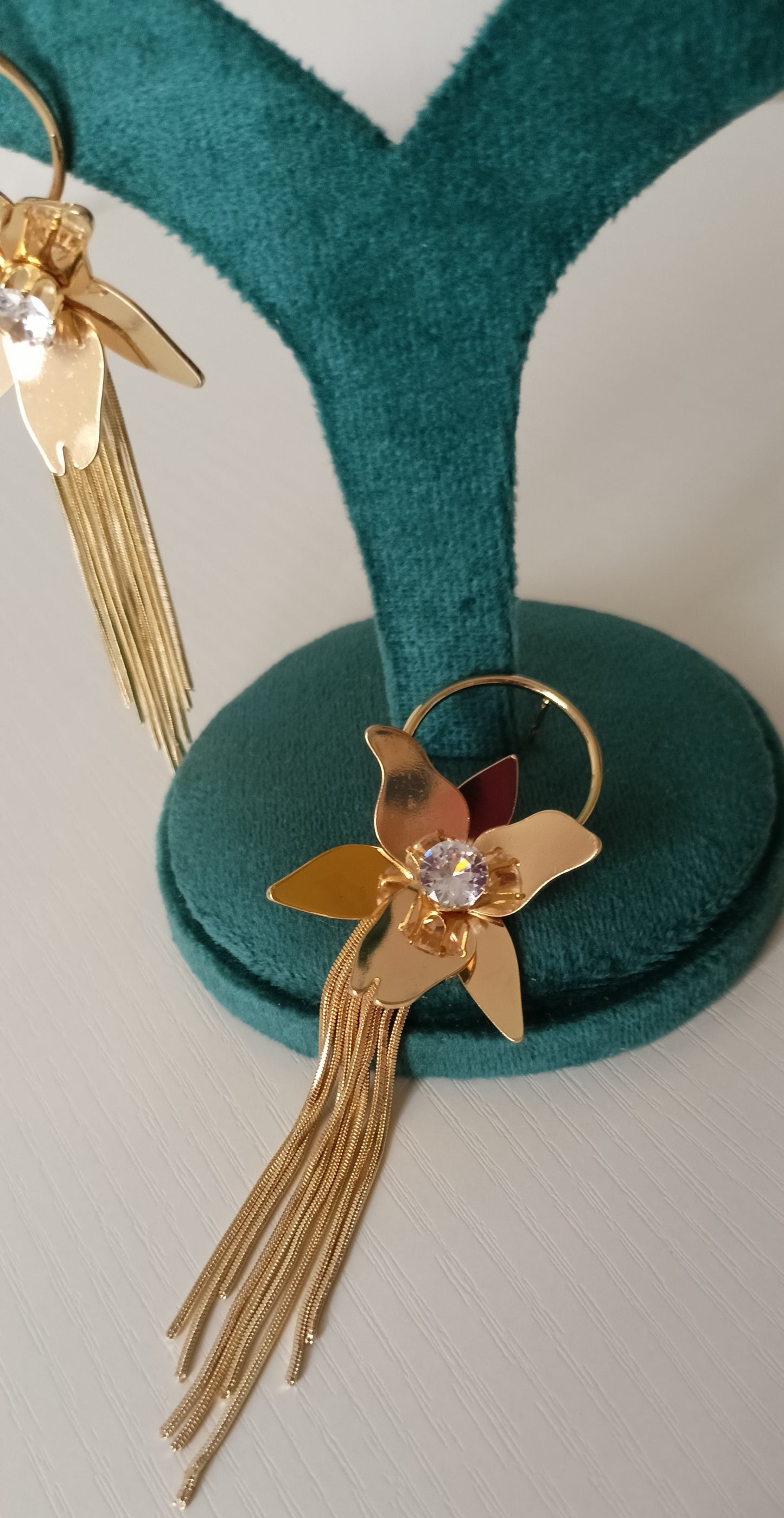 Golden Flower Fringe Hoop Earrings with Crystal Center