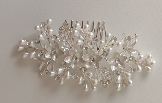 Large Silver Floral Bridal Hair accessory with Pearl & Crystal Cascades - Bridal Statement Piece
