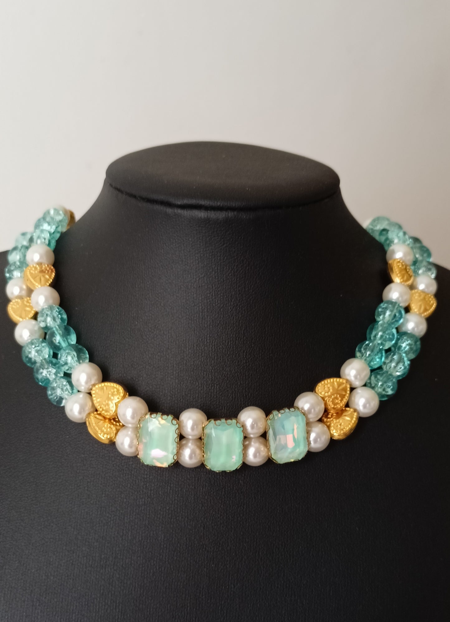 Seafoam Blue- Green Crystal, Pearl & Gold Tone Heart Choker Necklace – Double Strand