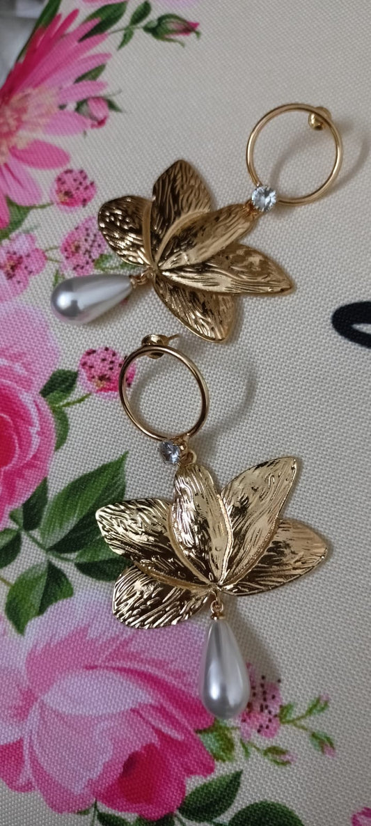 Gold Lotus Petal Hoop Earrings with Pearl Drops - Anti Tarnish