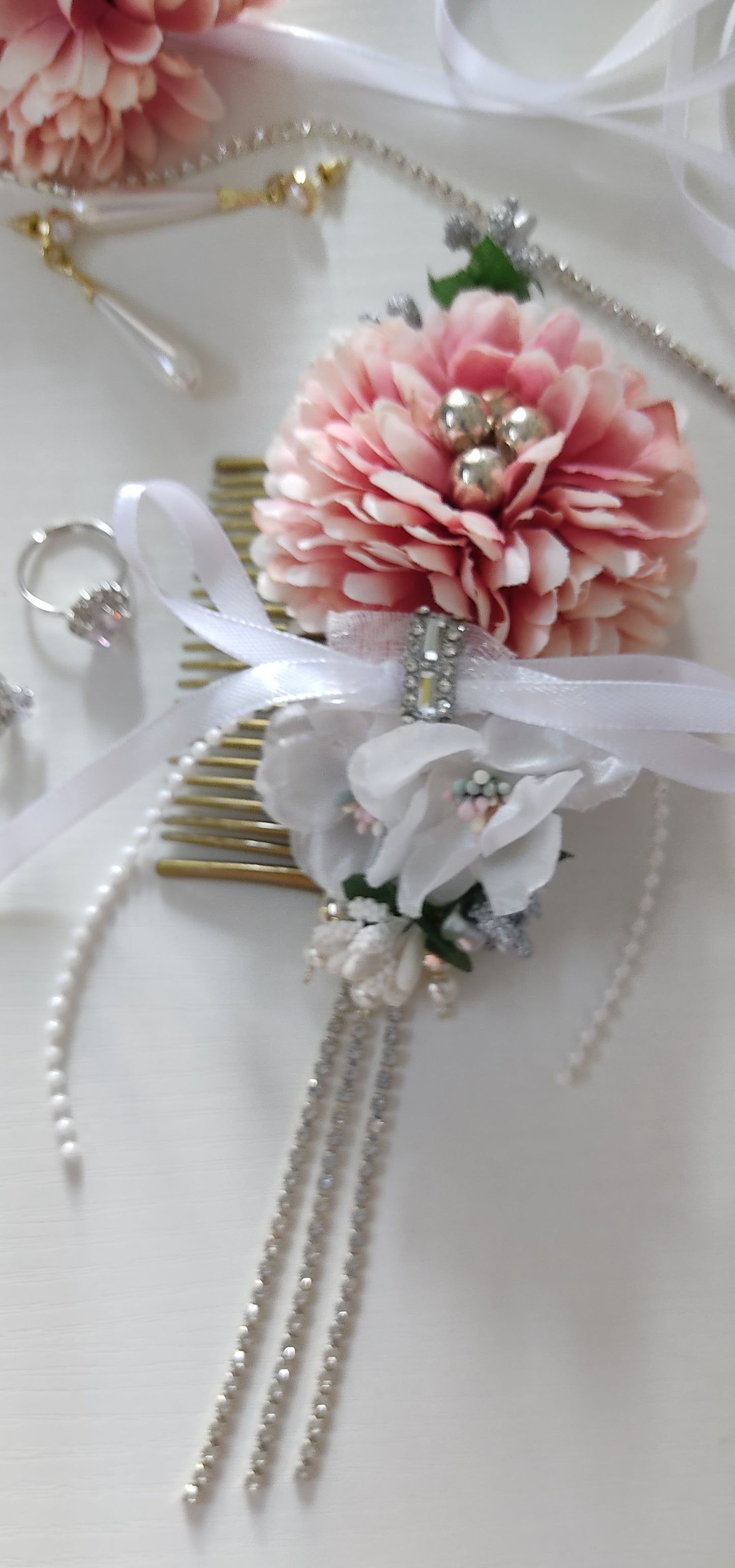 Elegant Floral Hair Comb with Pink Flower, Pearls & Ribbon - Personally Handcrafted