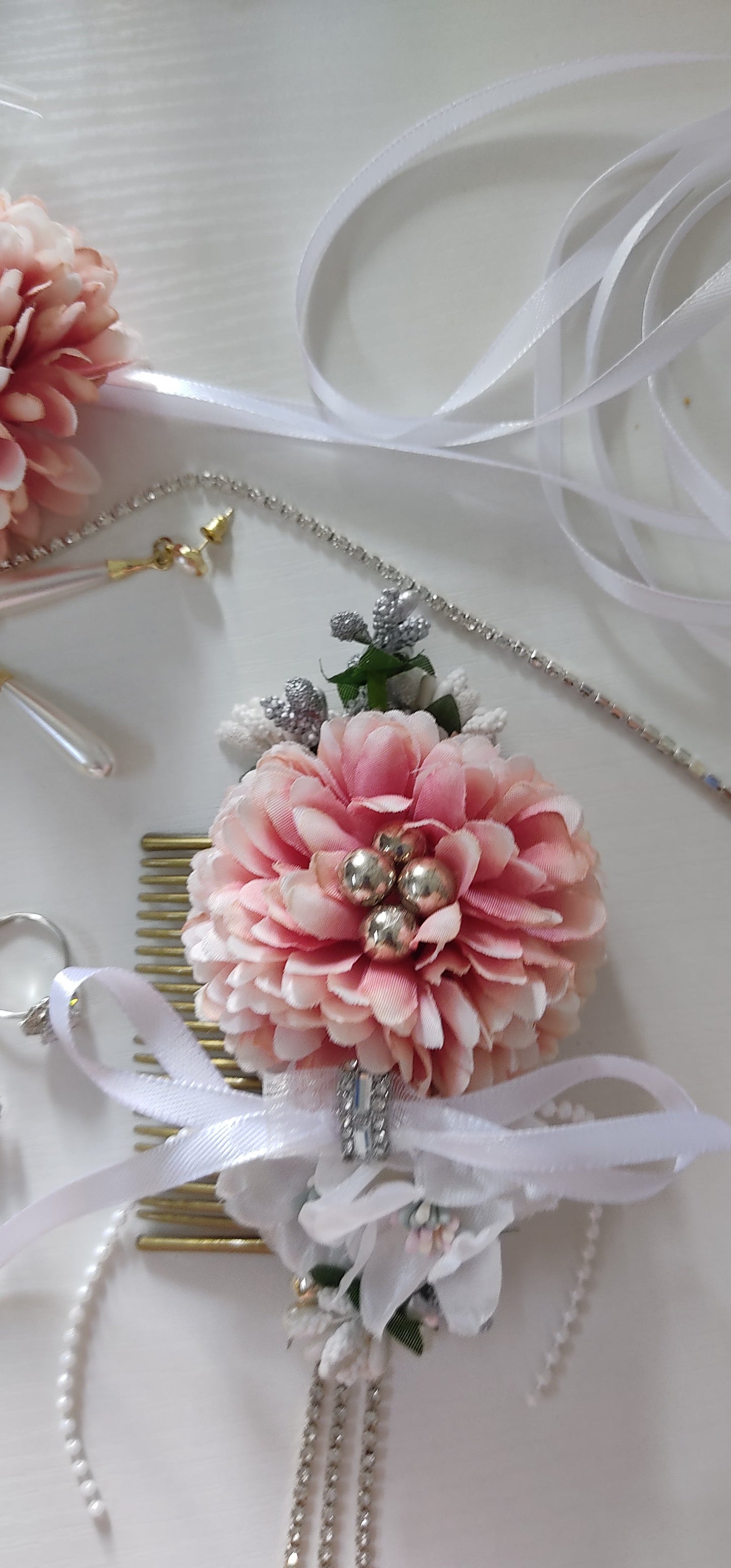 Elegant Floral Hair Comb with Pink Flower, Pearls & Ribbon - Personally Handcrafted